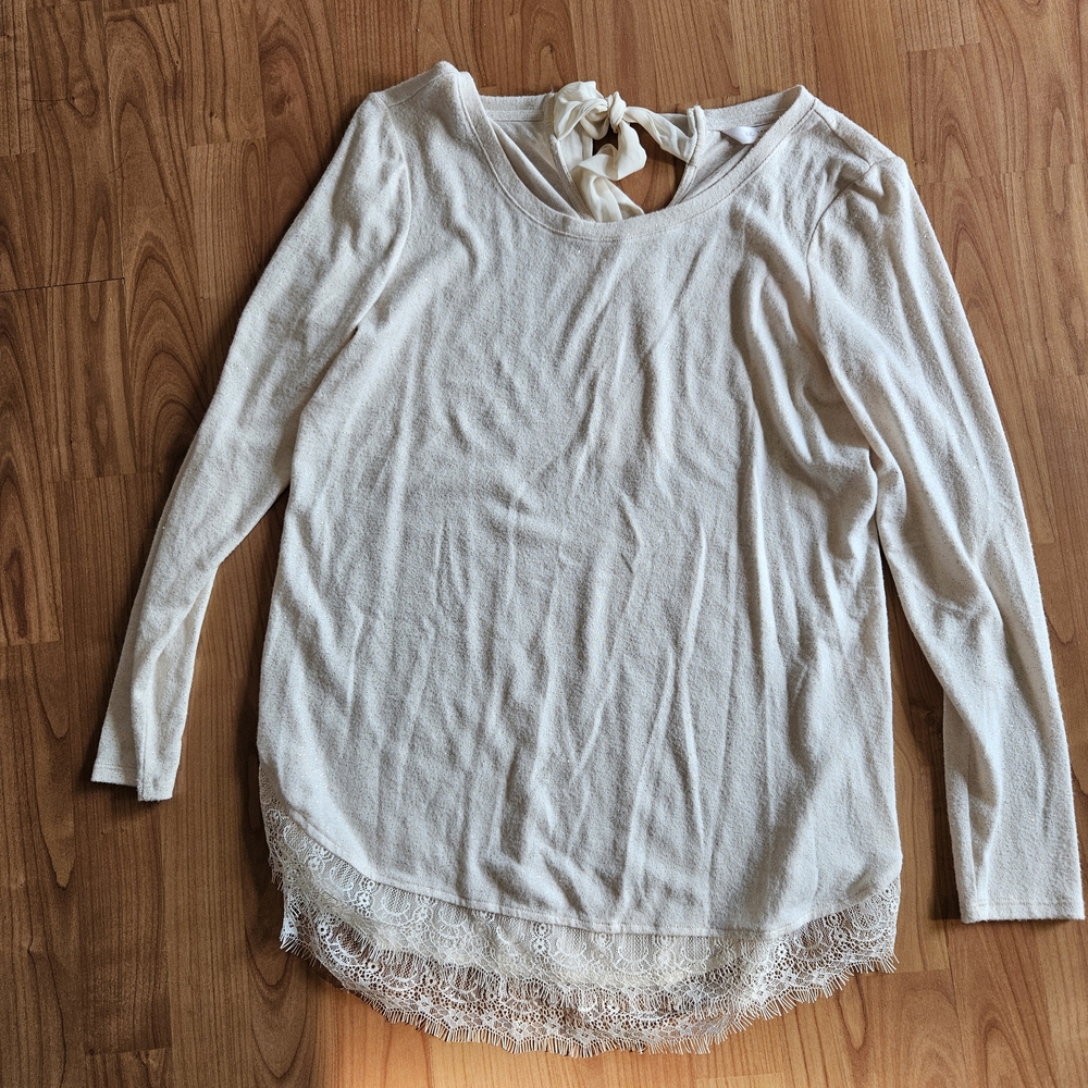LC Lauren Conrad Cream Long Sleeve Tie Front Blouse